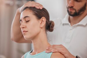 Woman, neck pain or physiotherapy stretching in sports clinic for pain relief