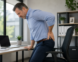 Adult standing carefully from office chair because of hip and lower back stiffness