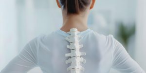 Rear view of a patient with a spine model illustrating scoliosis and Schroth Method physical therapy.