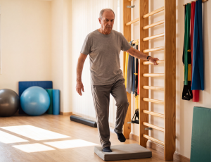 Man performing a balance exercise during Schroth therapy for scoliosis