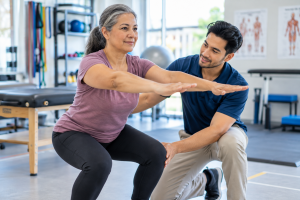 Physical therapist guiding a patient through a movement exercise in a rehabilitation clinic.