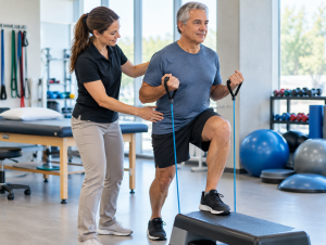 Physical therapist supervising an individualized rehabilitation exercise.