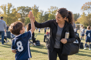 Mother high-fiving her son after a youth soccer game at a community park.
